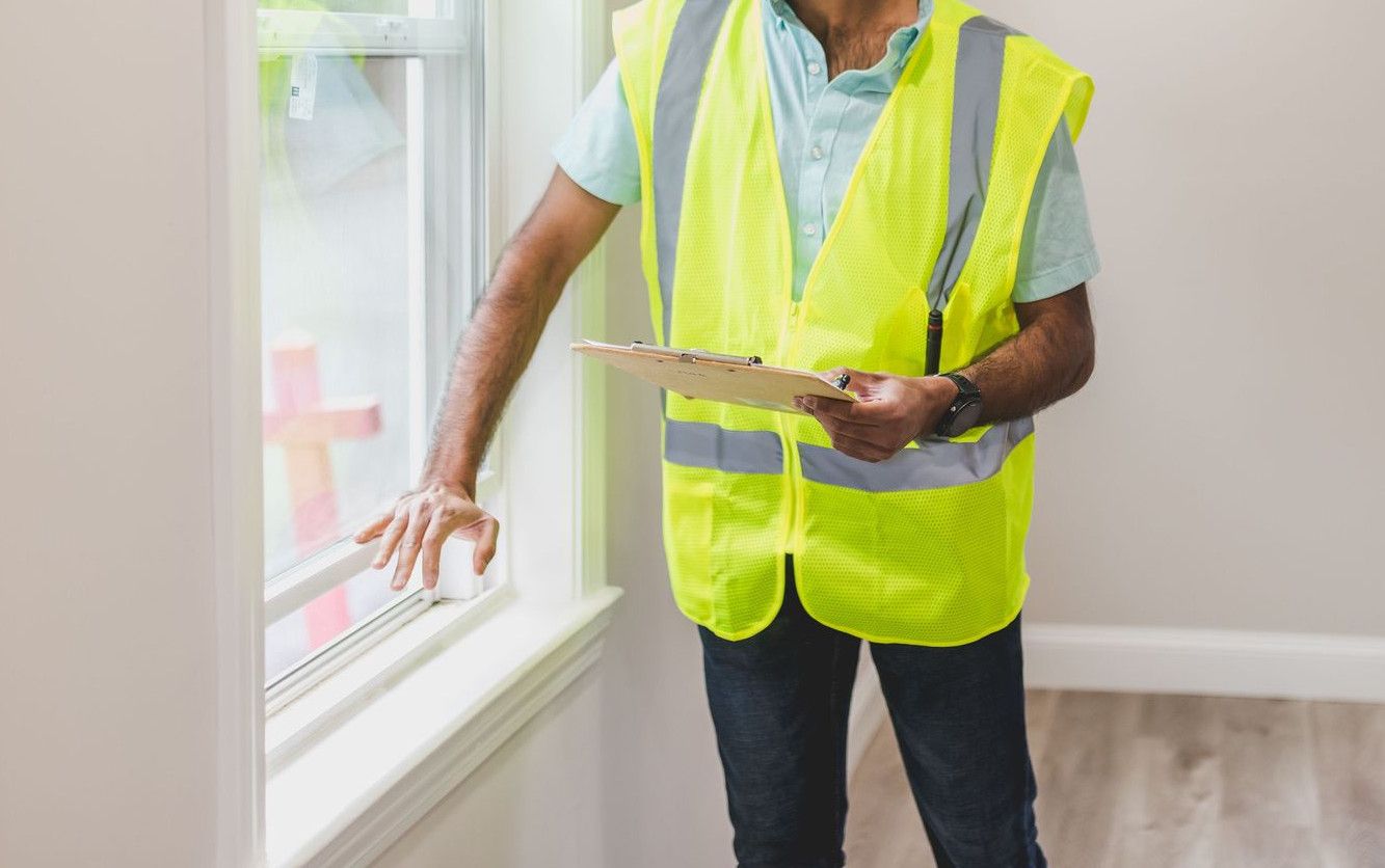 Real estate agent inspecting window indoors, wearing safety vest and hard hat, ensuring home safety.